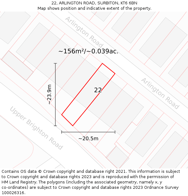 22, ARLINGTON ROAD, SURBITON, KT6 6BN: Plot and title map