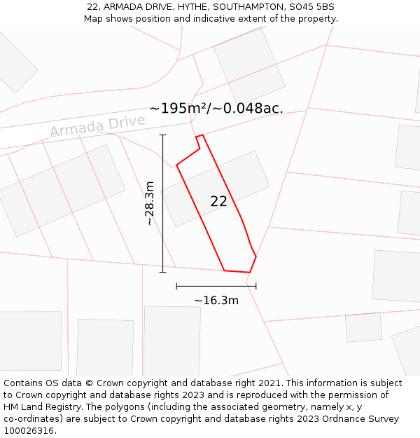 22, ARMADA DRIVE, HYTHE, SOUTHAMPTON, SO45 5BS: Plot and title map