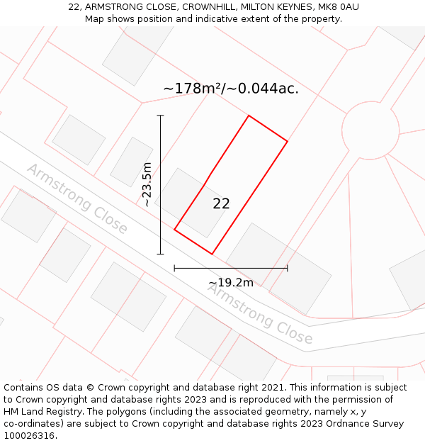 22, ARMSTRONG CLOSE, CROWNHILL, MILTON KEYNES, MK8 0AU: Plot and title map