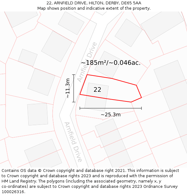 22, ARNFIELD DRIVE, HILTON, DERBY, DE65 5AA: Plot and title map