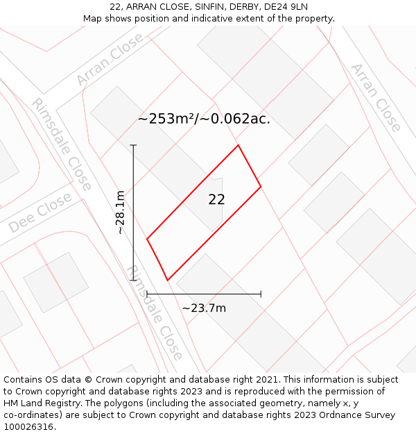 22, ARRAN CLOSE, SINFIN, DERBY, DE24 9LN: Plot and title map