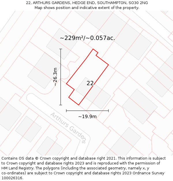 22, ARTHURS GARDENS, HEDGE END, SOUTHAMPTON, SO30 2NG: Plot and title map