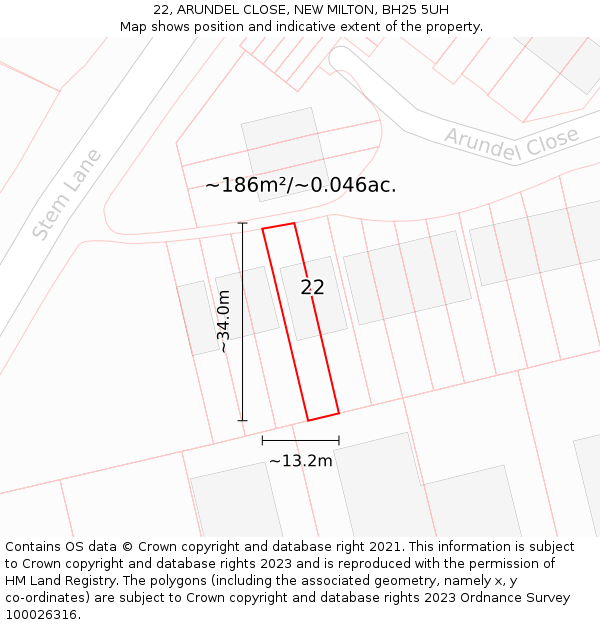 22, ARUNDEL CLOSE, NEW MILTON, BH25 5UH: Plot and title map