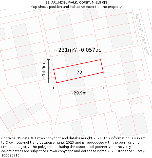 22, ARUNDEL WALK, CORBY, NN18 0JG: Plot and title map