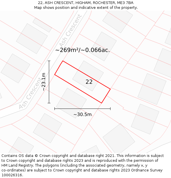 22, ASH CRESCENT, HIGHAM, ROCHESTER, ME3 7BA: Plot and title map