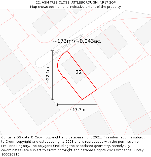 22, ASH TREE CLOSE, ATTLEBOROUGH, NR17 2QP: Plot and title map