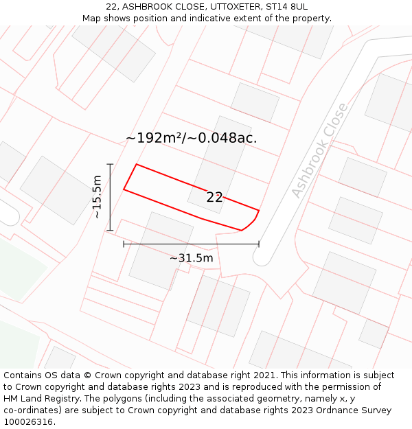 22, ASHBROOK CLOSE, UTTOXETER, ST14 8UL: Plot and title map