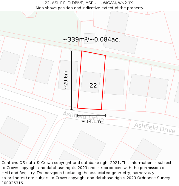 22, ASHFIELD DRIVE, ASPULL, WIGAN, WN2 1XL: Plot and title map