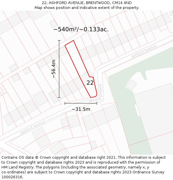 22, ASHFORD AVENUE, BRENTWOOD, CM14 4ND: Plot and title map