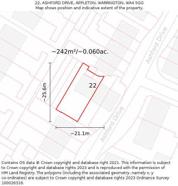 22, ASHFORD DRIVE, APPLETON, WARRINGTON, WA4 5GG: Plot and title map