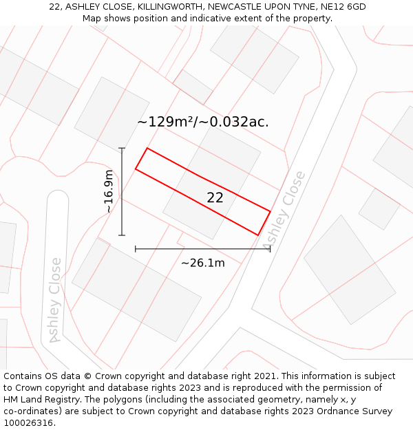 22, ASHLEY CLOSE, KILLINGWORTH, NEWCASTLE UPON TYNE, NE12 6GD: Plot and title map