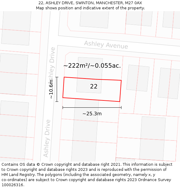 22, ASHLEY DRIVE, SWINTON, MANCHESTER, M27 0AX: Plot and title map