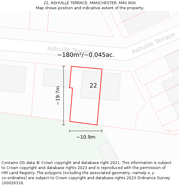 22, ASHVILLE TERRACE, MANCHESTER, M40 9NX: Plot and title map