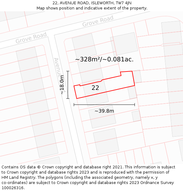 22, AVENUE ROAD, ISLEWORTH, TW7 4JN: Plot and title map
