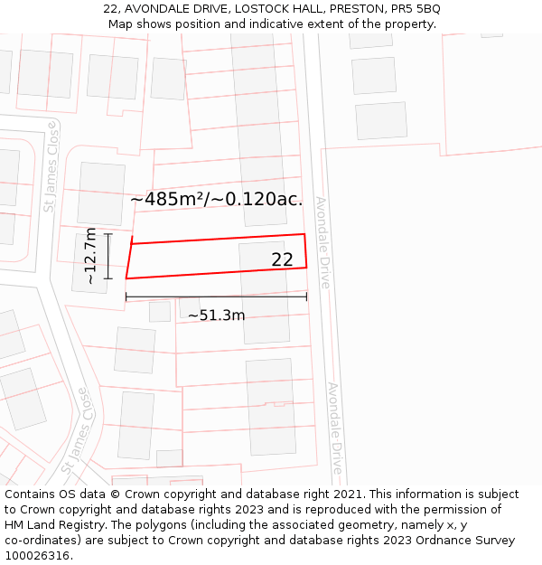22, AVONDALE DRIVE, LOSTOCK HALL, PRESTON, PR5 5BQ: Plot and title map