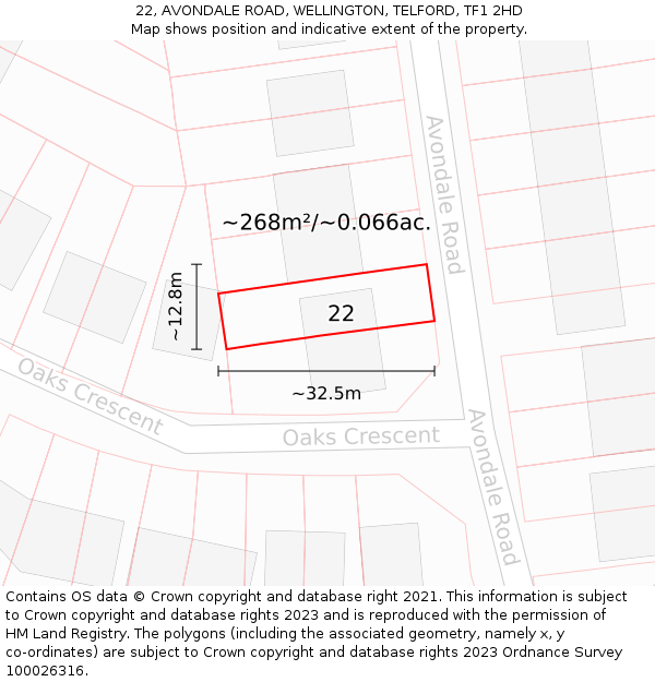 22, AVONDALE ROAD, WELLINGTON, TELFORD, TF1 2HD: Plot and title map