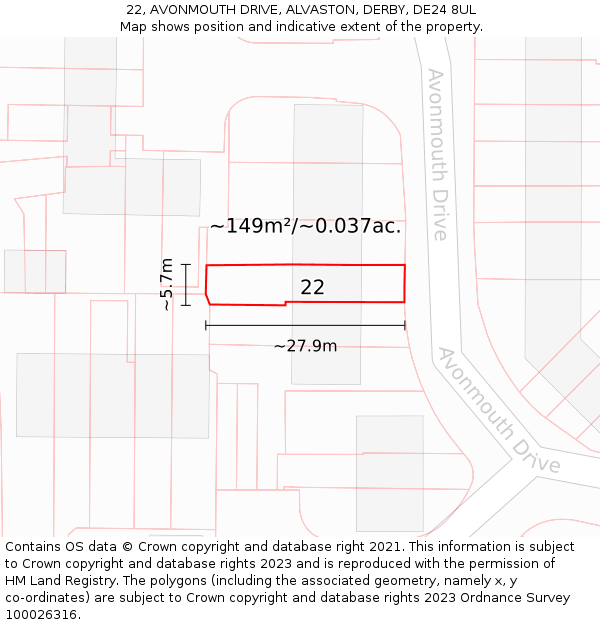 22, AVONMOUTH DRIVE, ALVASTON, DERBY, DE24 8UL: Plot and title map
