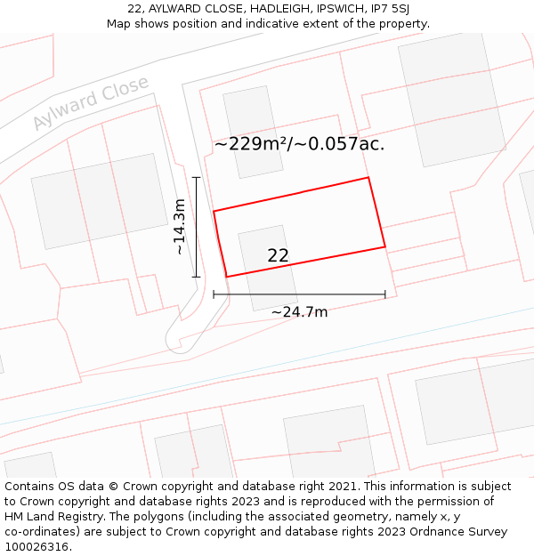 22, AYLWARD CLOSE, HADLEIGH, IPSWICH, IP7 5SJ: Plot and title map