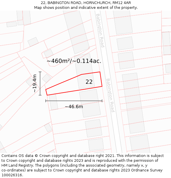22, BABINGTON ROAD, HORNCHURCH, RM12 4AR: Plot and title map