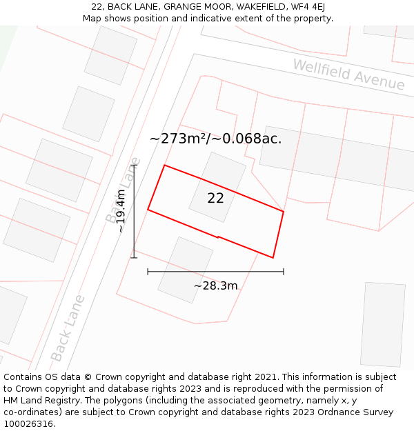 22, BACK LANE, GRANGE MOOR, WAKEFIELD, WF4 4EJ: Plot and title map