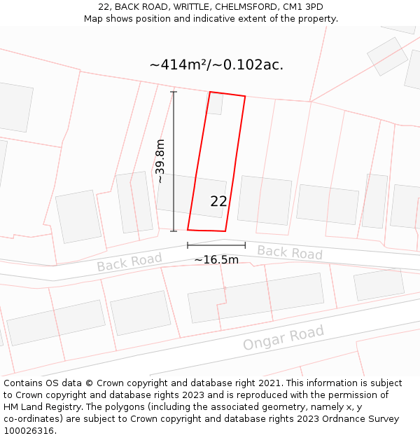 22, BACK ROAD, WRITTLE, CHELMSFORD, CM1 3PD: Plot and title map