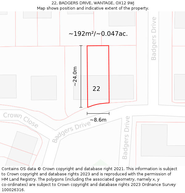 22, BADGERS DRIVE, WANTAGE, OX12 9WJ: Plot and title map