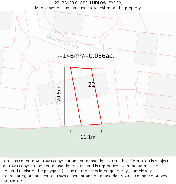 22, BAKER CLOSE, LUDLOW, SY8 1XJ: Plot and title map