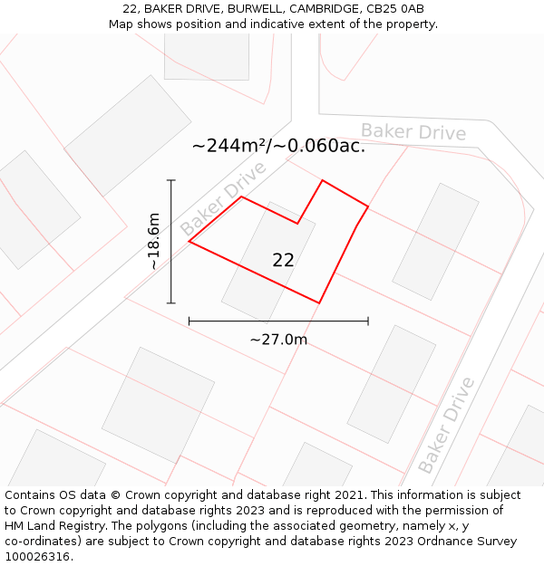 22, BAKER DRIVE, BURWELL, CAMBRIDGE, CB25 0AB: Plot and title map