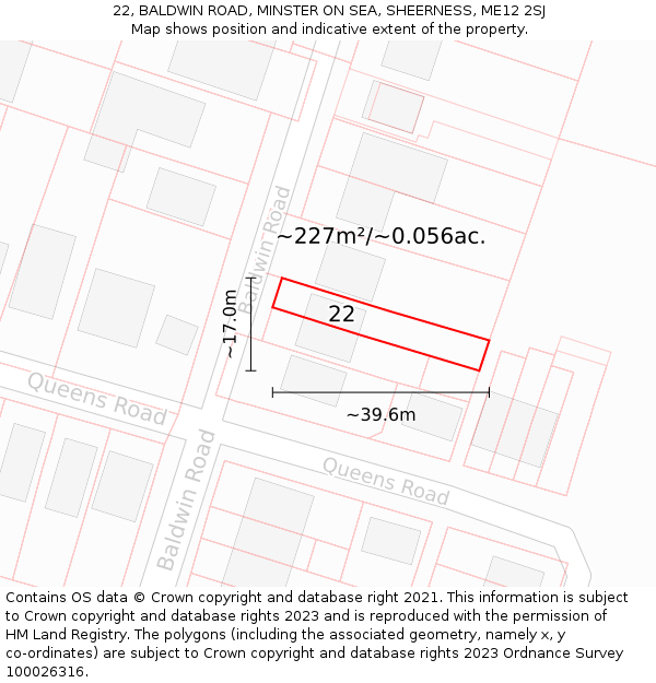 22, BALDWIN ROAD, MINSTER ON SEA, SHEERNESS, ME12 2SJ: Plot and title map