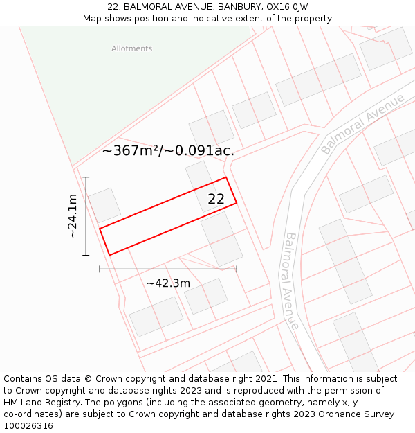 22, BALMORAL AVENUE, BANBURY, OX16 0JW: Plot and title map