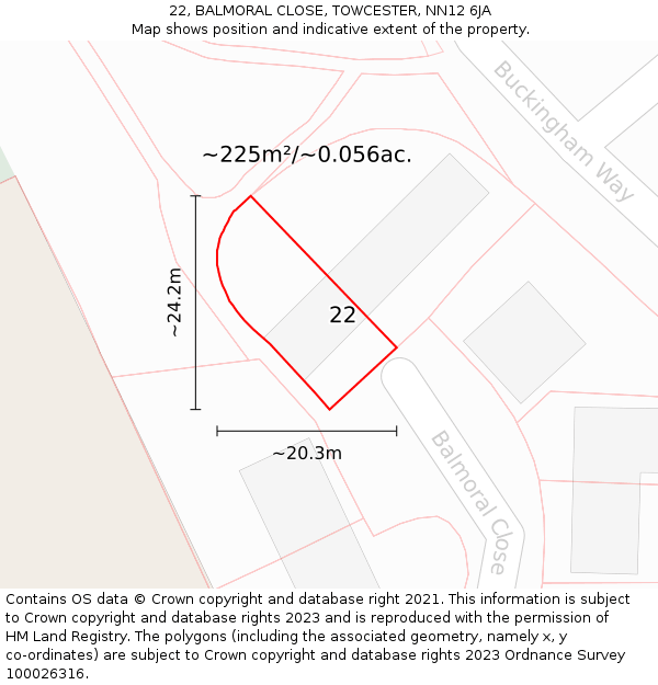 22, BALMORAL CLOSE, TOWCESTER, NN12 6JA: Plot and title map