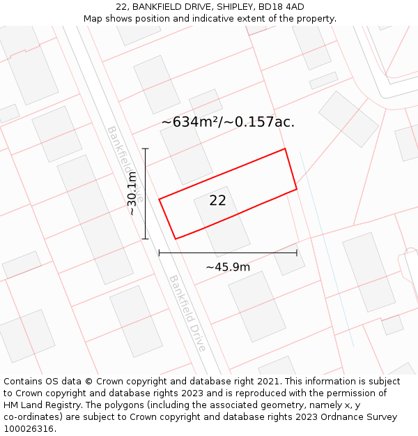 22, BANKFIELD DRIVE, SHIPLEY, BD18 4AD: Plot and title map