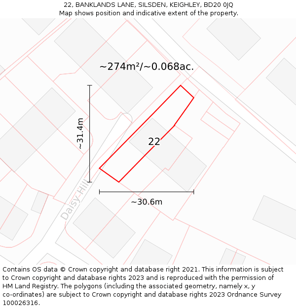 22, BANKLANDS LANE, SILSDEN, KEIGHLEY, BD20 0JQ: Plot and title map