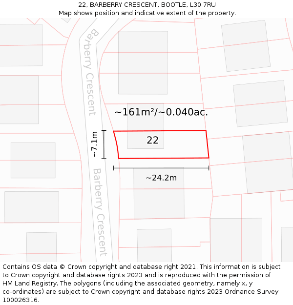22, BARBERRY CRESCENT, BOOTLE, L30 7RU: Plot and title map