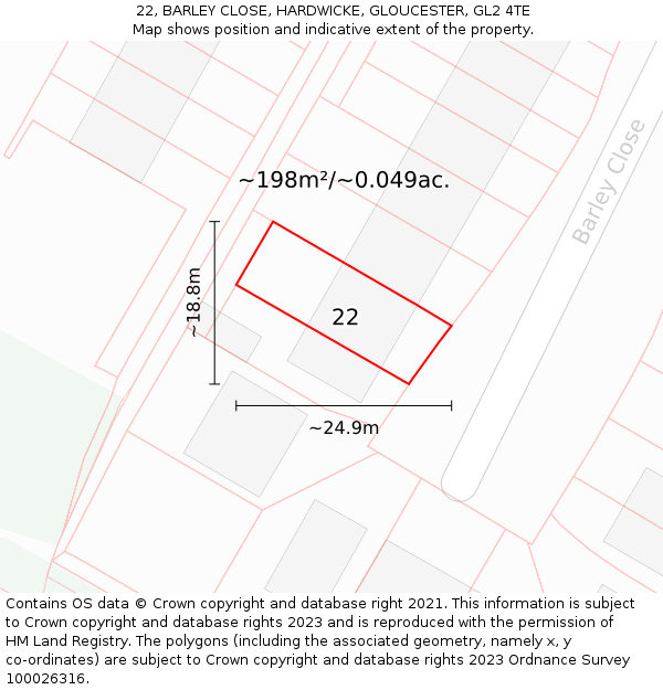 22, BARLEY CLOSE, HARDWICKE, GLOUCESTER, GL2 4TE: Plot and title map