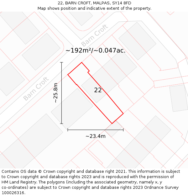 22, BARN CROFT, MALPAS, SY14 8FD: Plot and title map