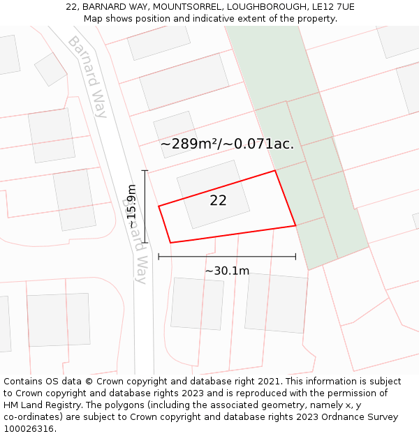 22, BARNARD WAY, MOUNTSORREL, LOUGHBOROUGH, LE12 7UE: Plot and title map