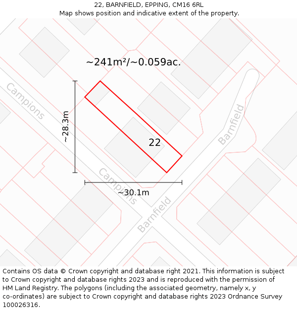 22, BARNFIELD, EPPING, CM16 6RL: Plot and title map