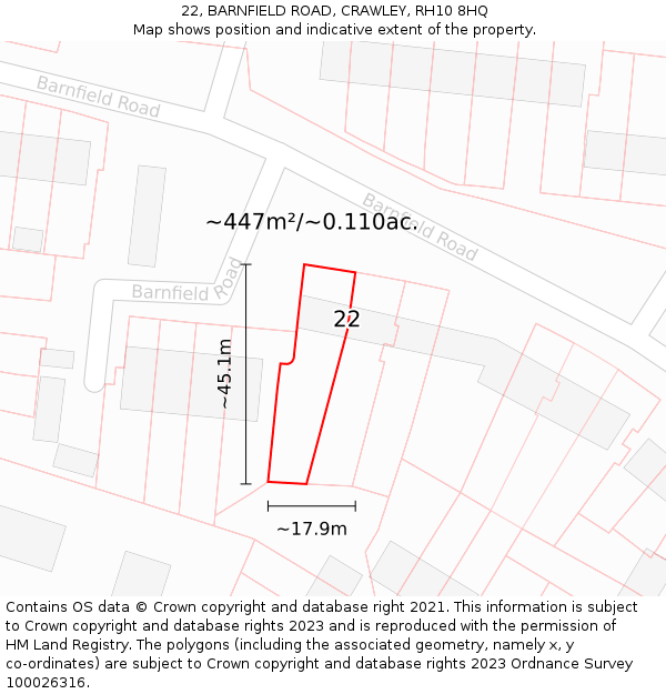 22, BARNFIELD ROAD, CRAWLEY, RH10 8HQ: Plot and title map