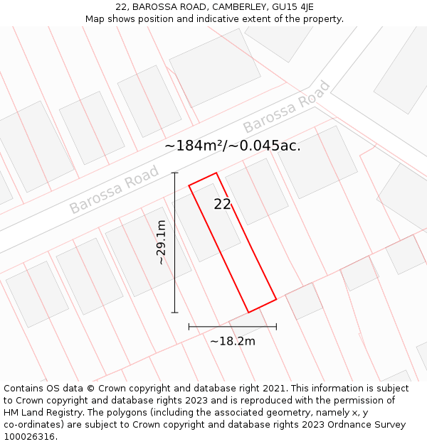 22, BAROSSA ROAD, CAMBERLEY, GU15 4JE: Plot and title map
