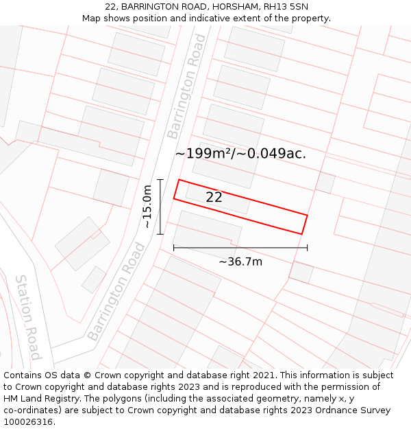 22, BARRINGTON ROAD, HORSHAM, RH13 5SN: Plot and title map