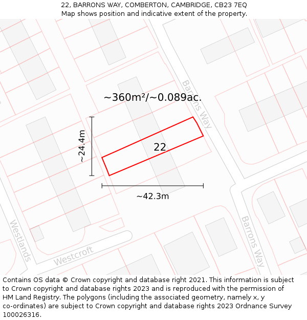 22, BARRONS WAY, COMBERTON, CAMBRIDGE, CB23 7EQ: Plot and title map