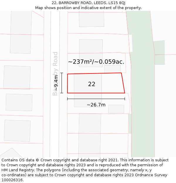22, BARROWBY ROAD, LEEDS, LS15 8QJ: Plot and title map