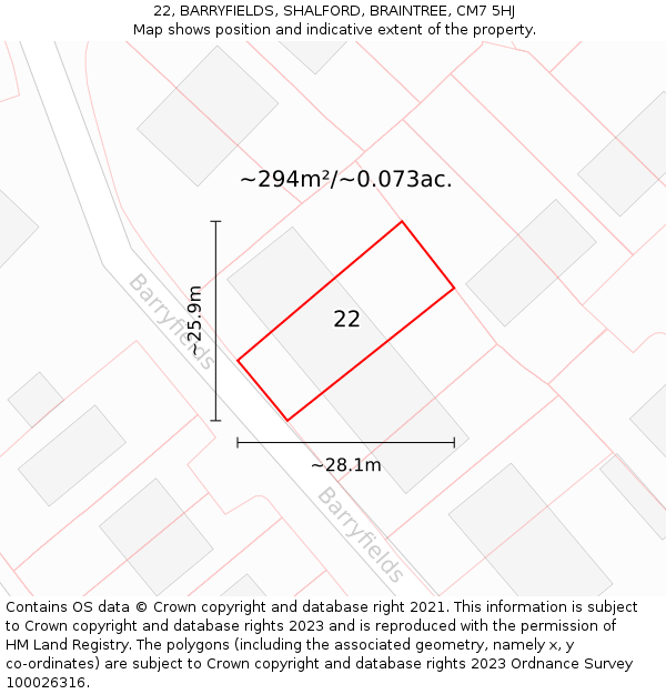 22, BARRYFIELDS, SHALFORD, BRAINTREE, CM7 5HJ: Plot and title map
