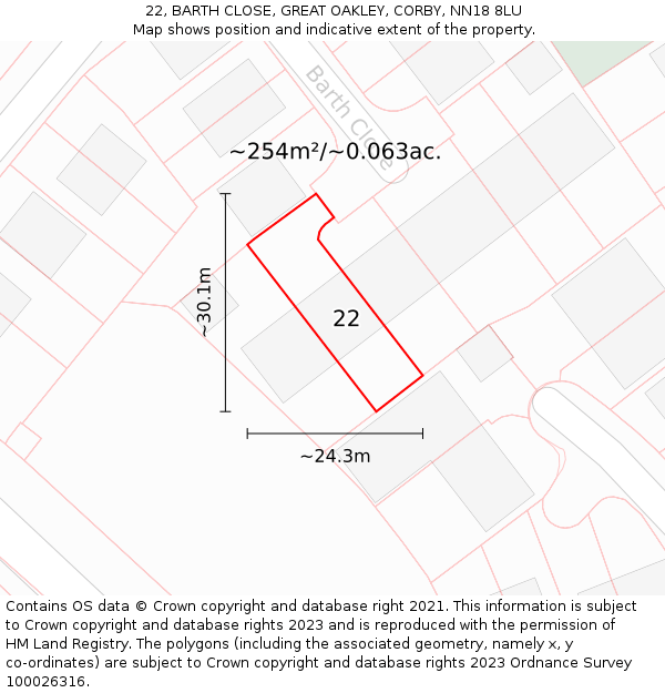 22, BARTH CLOSE, GREAT OAKLEY, CORBY, NN18 8LU: Plot and title map