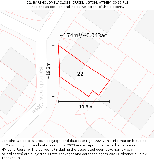 22, BARTHOLOMEW CLOSE, DUCKLINGTON, WITNEY, OX29 7UJ: Plot and title map