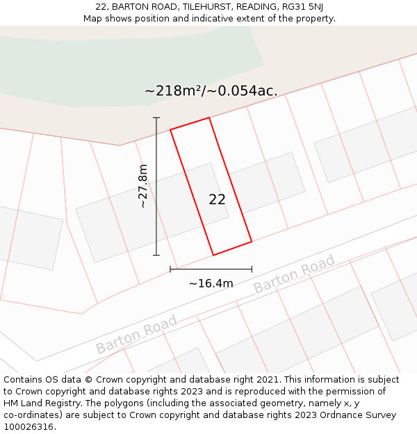22, BARTON ROAD, TILEHURST, READING, RG31 5NJ: Plot and title map