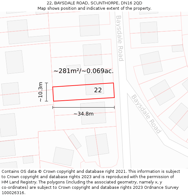 22, BAYSDALE ROAD, SCUNTHORPE, DN16 2QD: Plot and title map