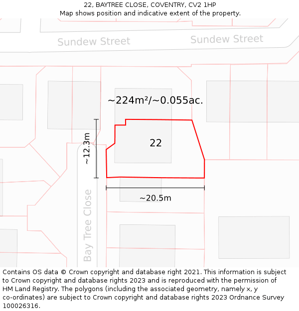 22, BAYTREE CLOSE, COVENTRY, CV2 1HP: Plot and title map