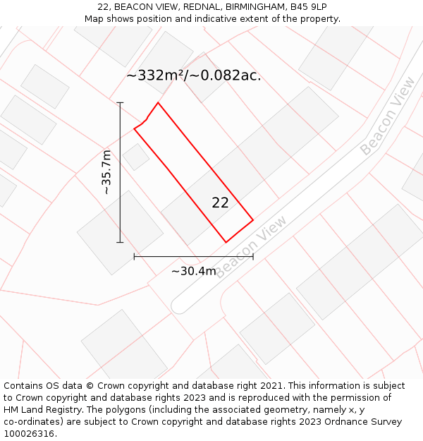 22, BEACON VIEW, REDNAL, BIRMINGHAM, B45 9LP: Plot and title map
